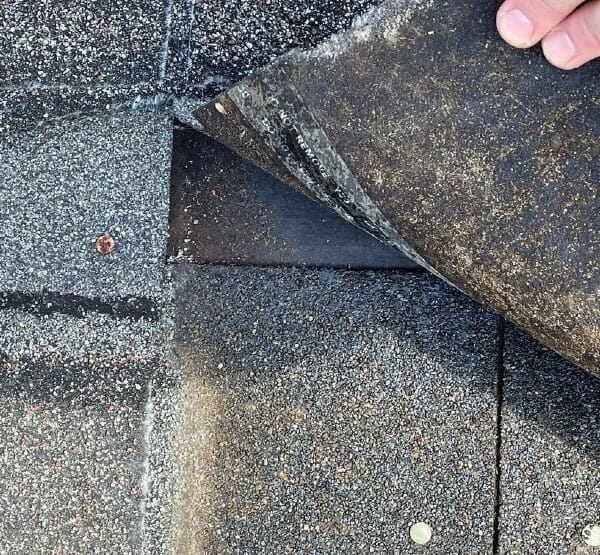 damaged shingles being peeled up